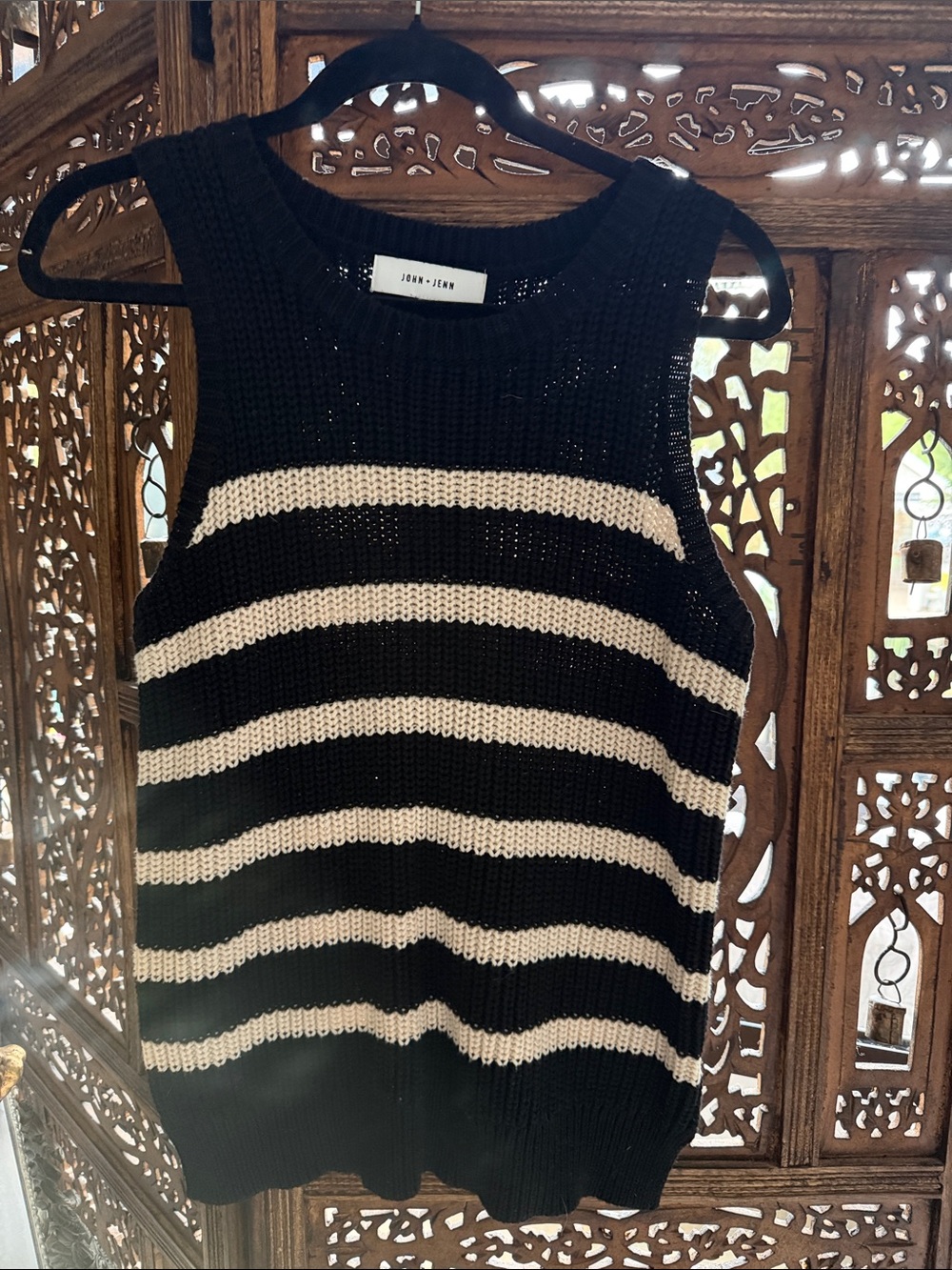 John + Jenn Black and Cream Striped Knit Tank